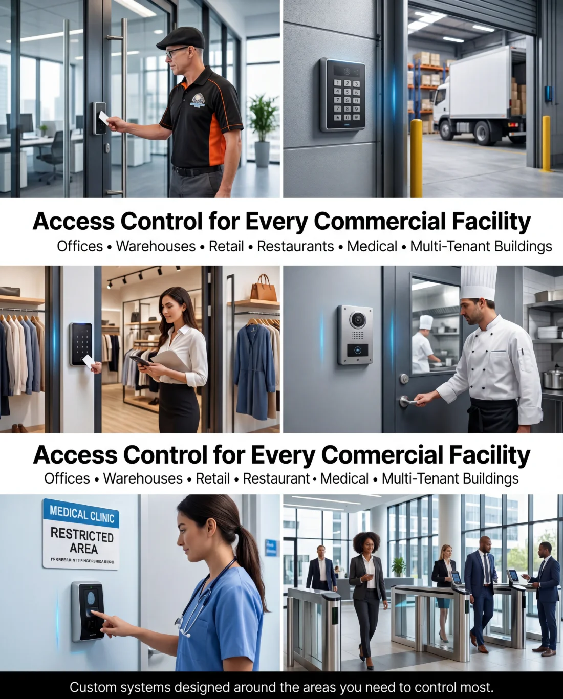 Access control across commercial facility types — offices, warehouses, retail, restaurants, medical clinics, and multi-tenant buildings in Metro Detroit