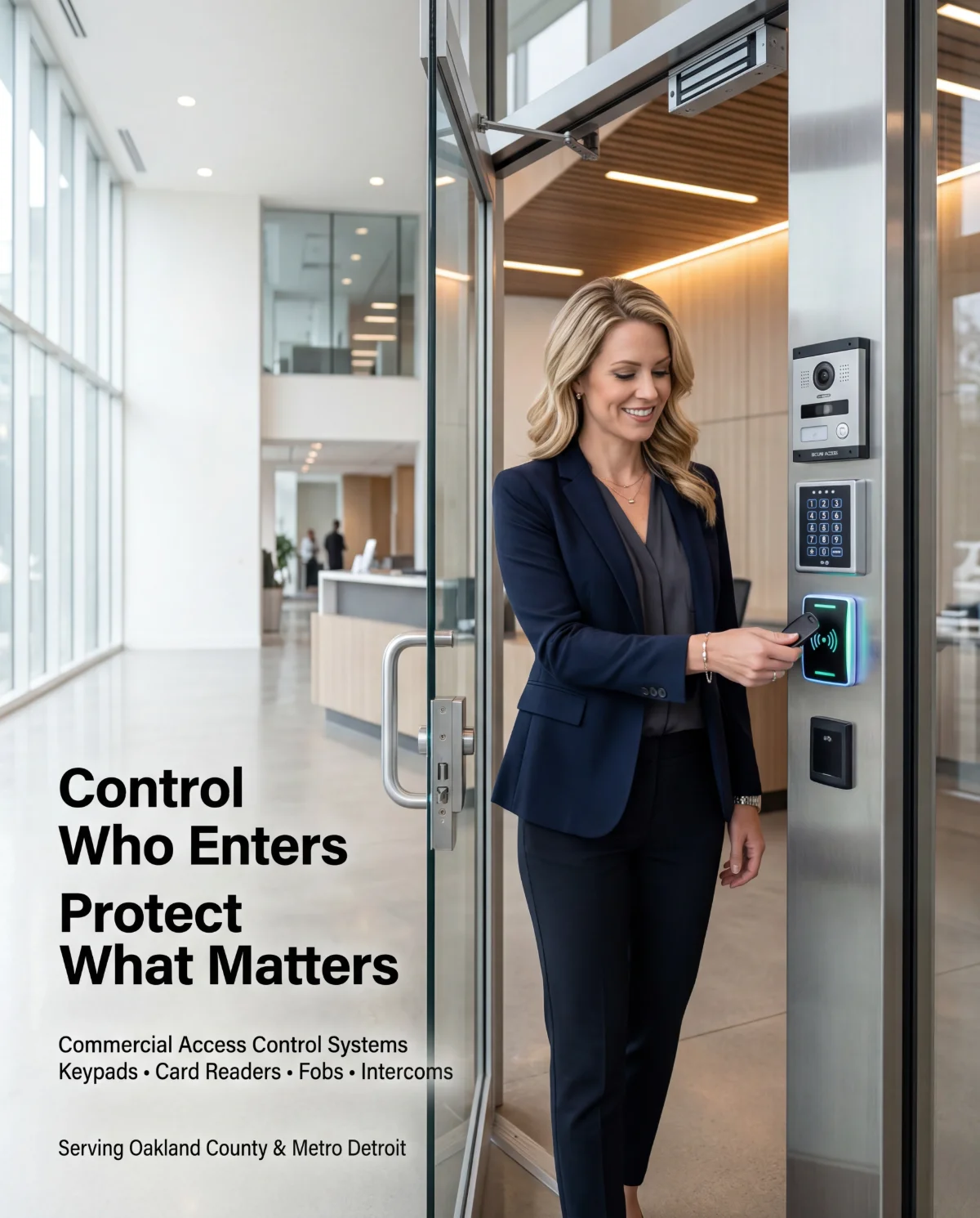 A businesswoman using a key fob on a card reader to enter a Metro Detroit office with a keypad, intercom, and magnetic lock — commercial access control by Security Camera Guru
