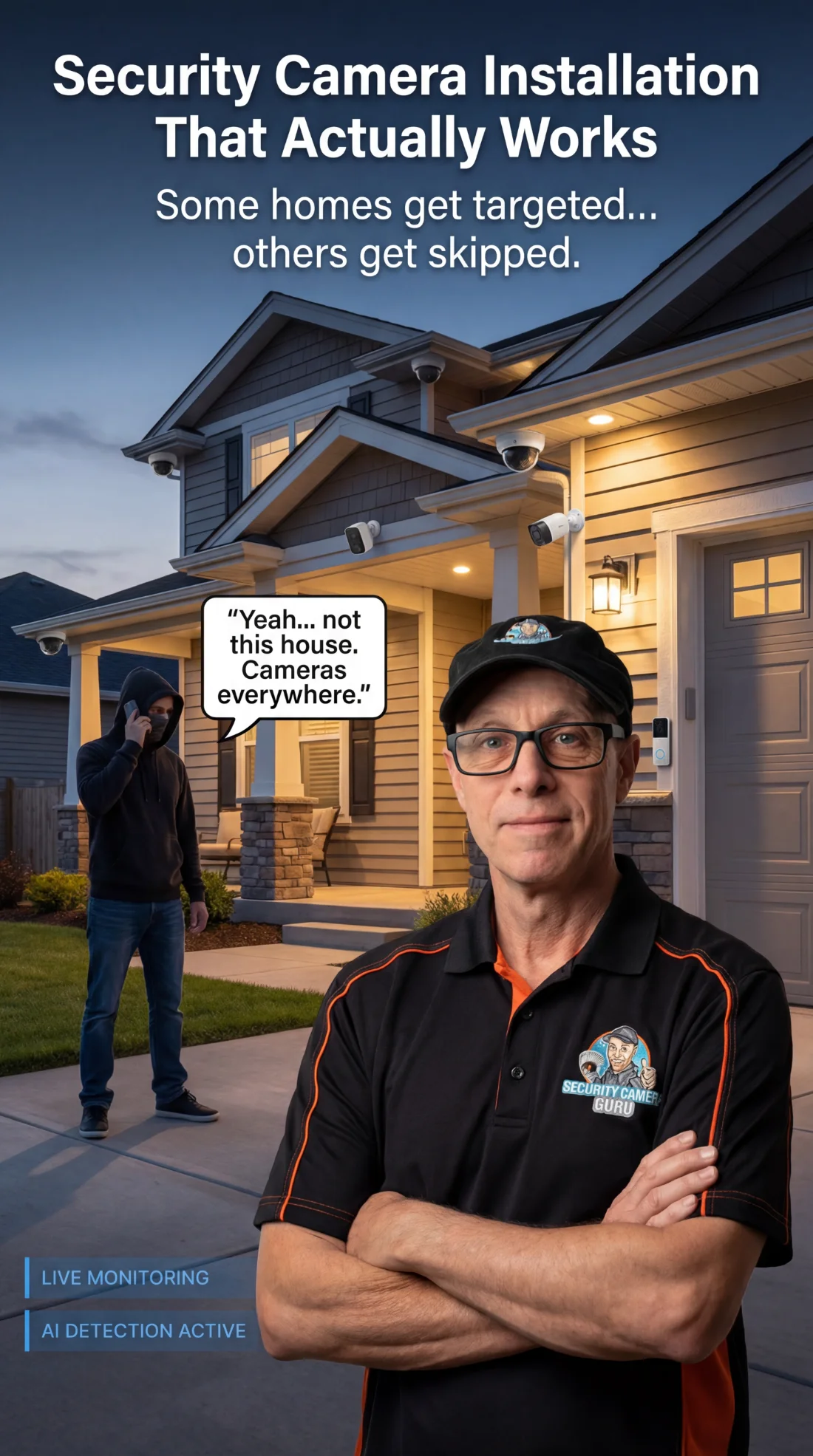 Roland from Security Camera Guru standing in front of a Metro Detroit home covered in cameras as a would-be burglar moves on — homes that are clearly covered get skipped