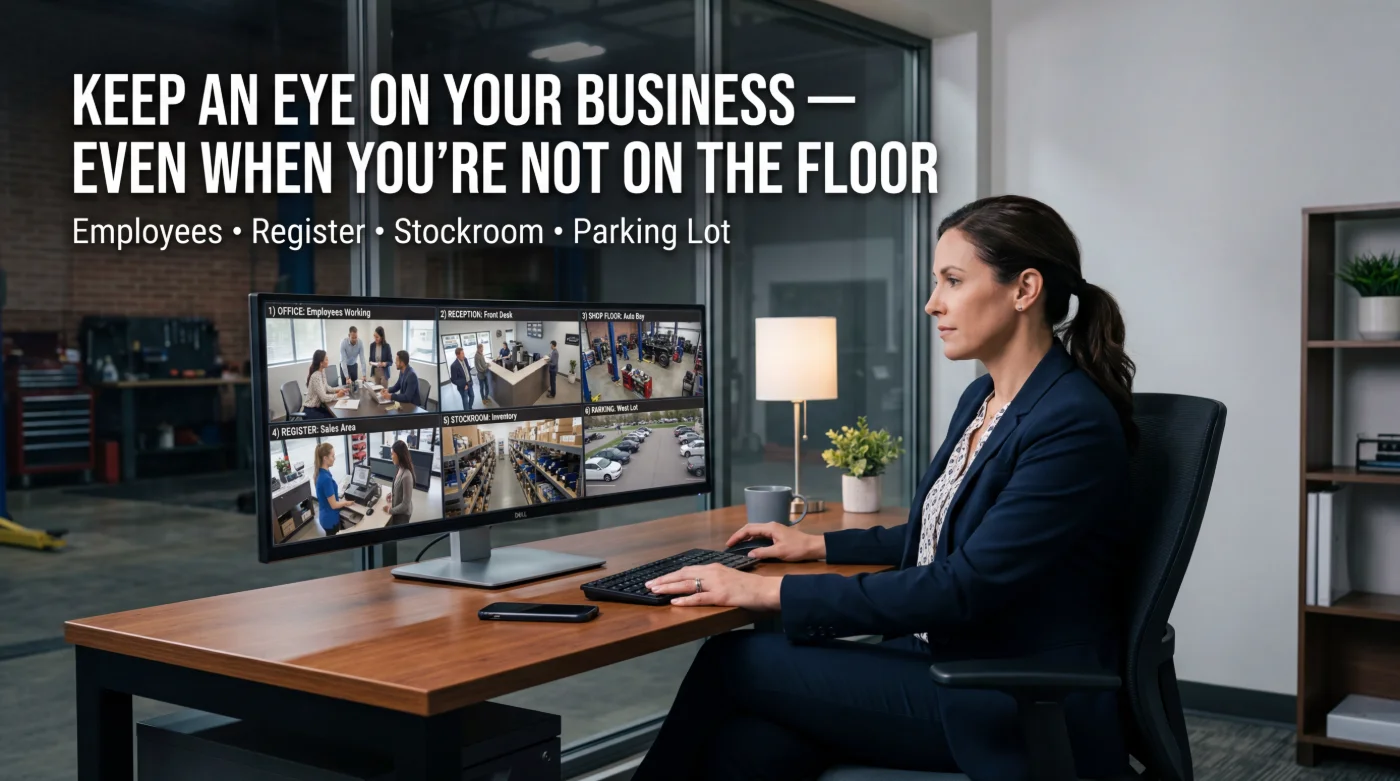 A business owner at her desk monitoring multiple security camera feeds — office, reception, shop floor, register, stockroom, and parking lot — on a wide monitor