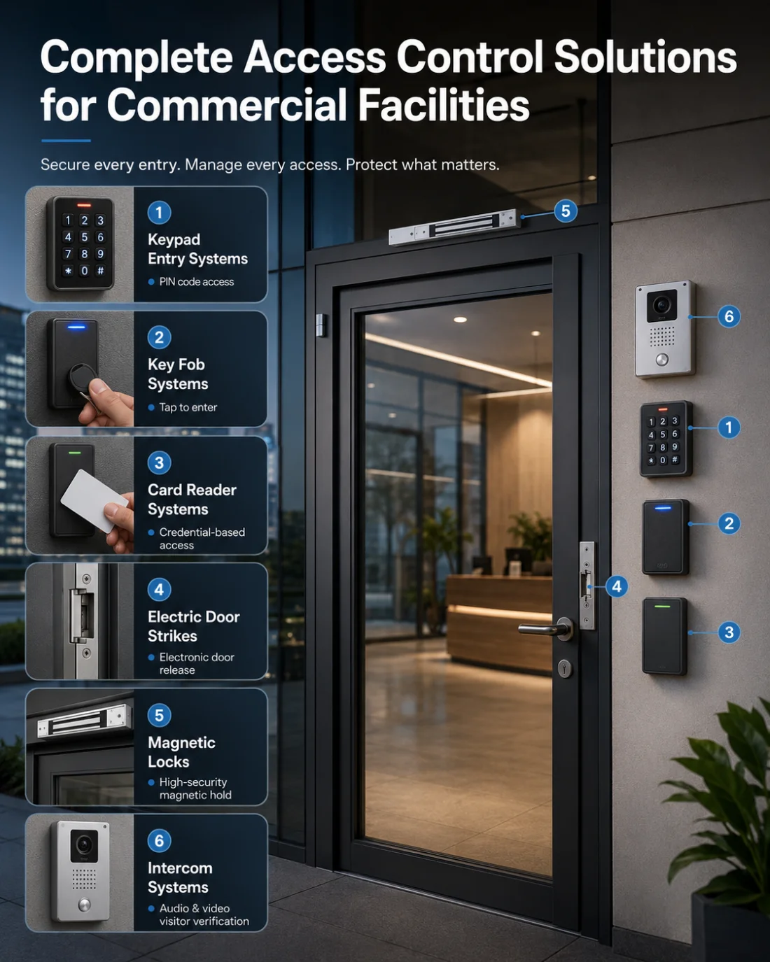 Infographic of commercial access control components — keypad entry, key fob, card reader, electric door strike, magnetic lock, and intercom — on a glass office entrance