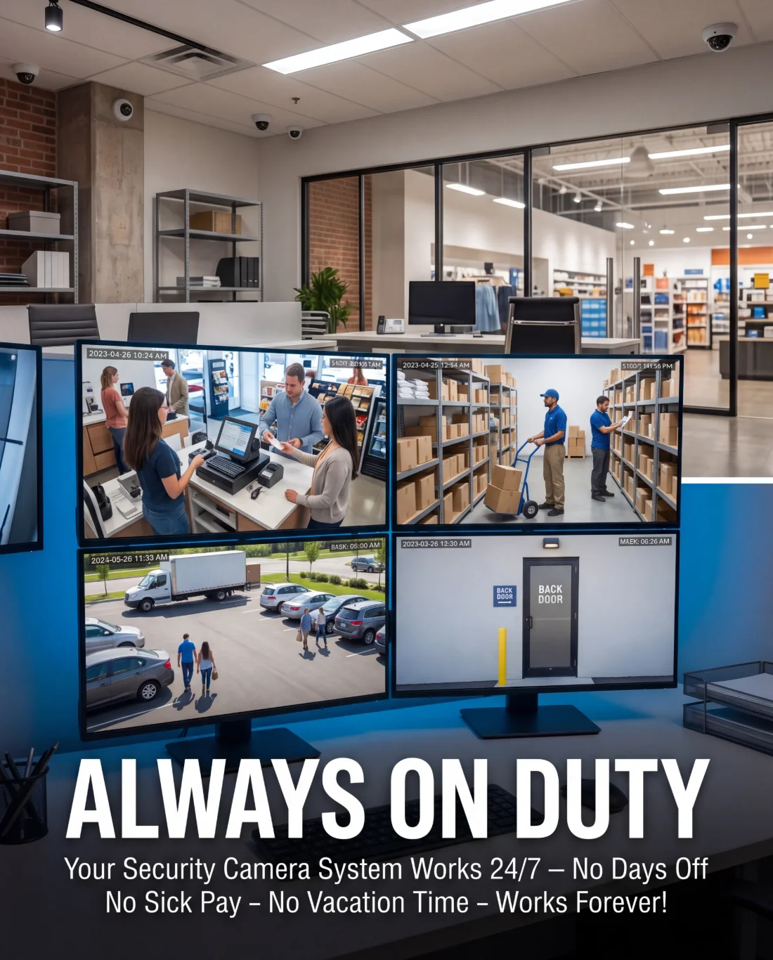 A multi-camera monitoring wall in a business showing registers, stockroom, parking lot, and back door — a security system always on duty