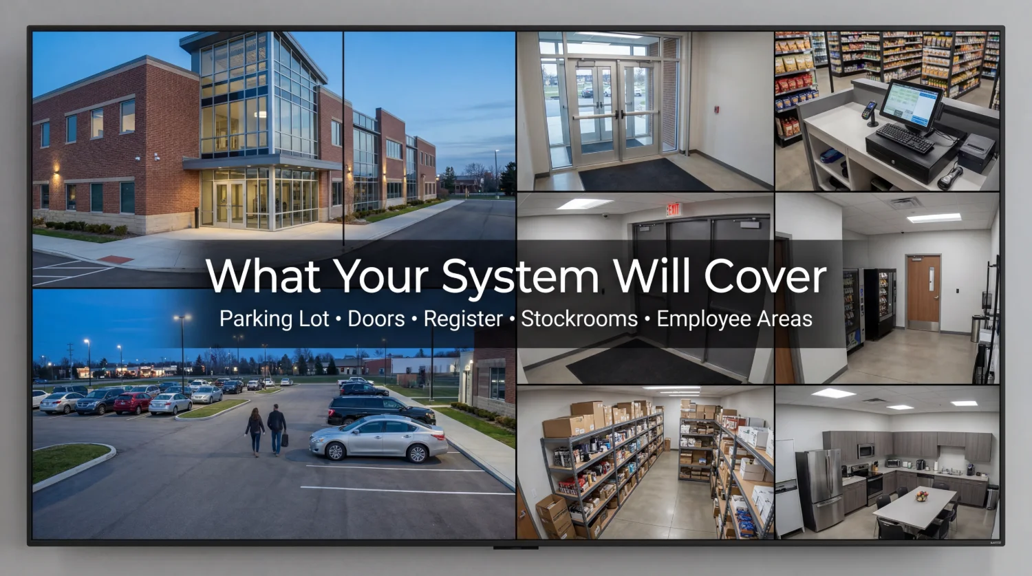 Multi-camera view of a business showing coverage of the parking lot, entrance doors, register, stockroom, and employee break room — what a commercial security system covers