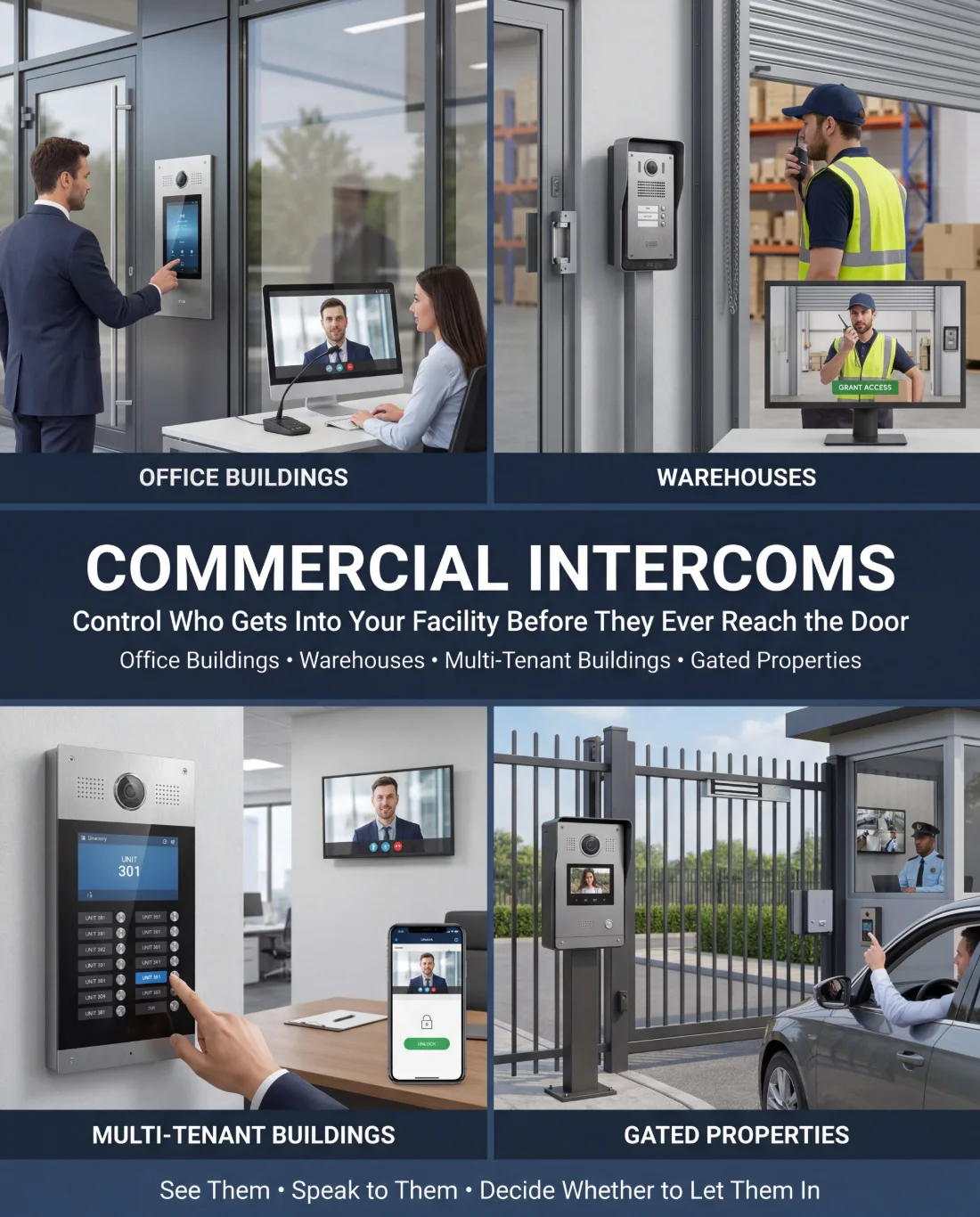 Commercial intercom installation across office buildings, warehouses, multi-tenant buildings, and gated properties — see them, speak to them, decide whether to let them in