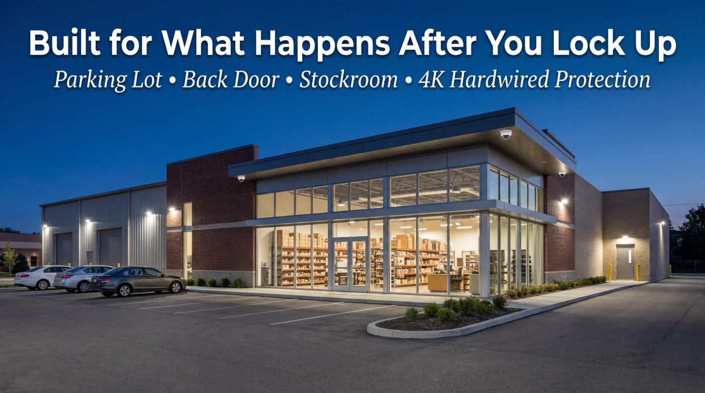 A lit-up commercial business at dusk in Oakland County with security cameras installed, parking lot and stockroom visible — 4K hardwired commercial protection by Security Camera Guru