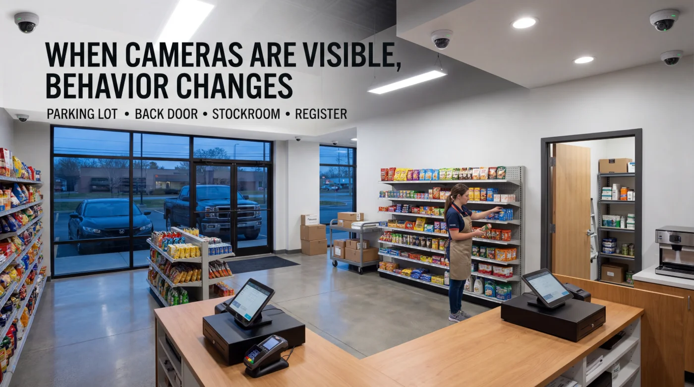 Interior of a retail store with visible ceiling security cameras covering the registers, aisles, stockroom, and front entrance