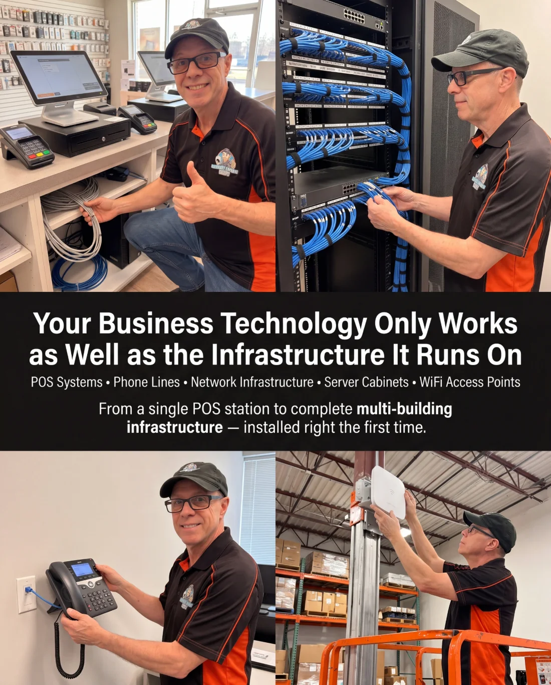 Commercial structured cabling — Roland installing POS systems, server cabinet, phone lines, and WiFi access points for businesses across Metro Detroit