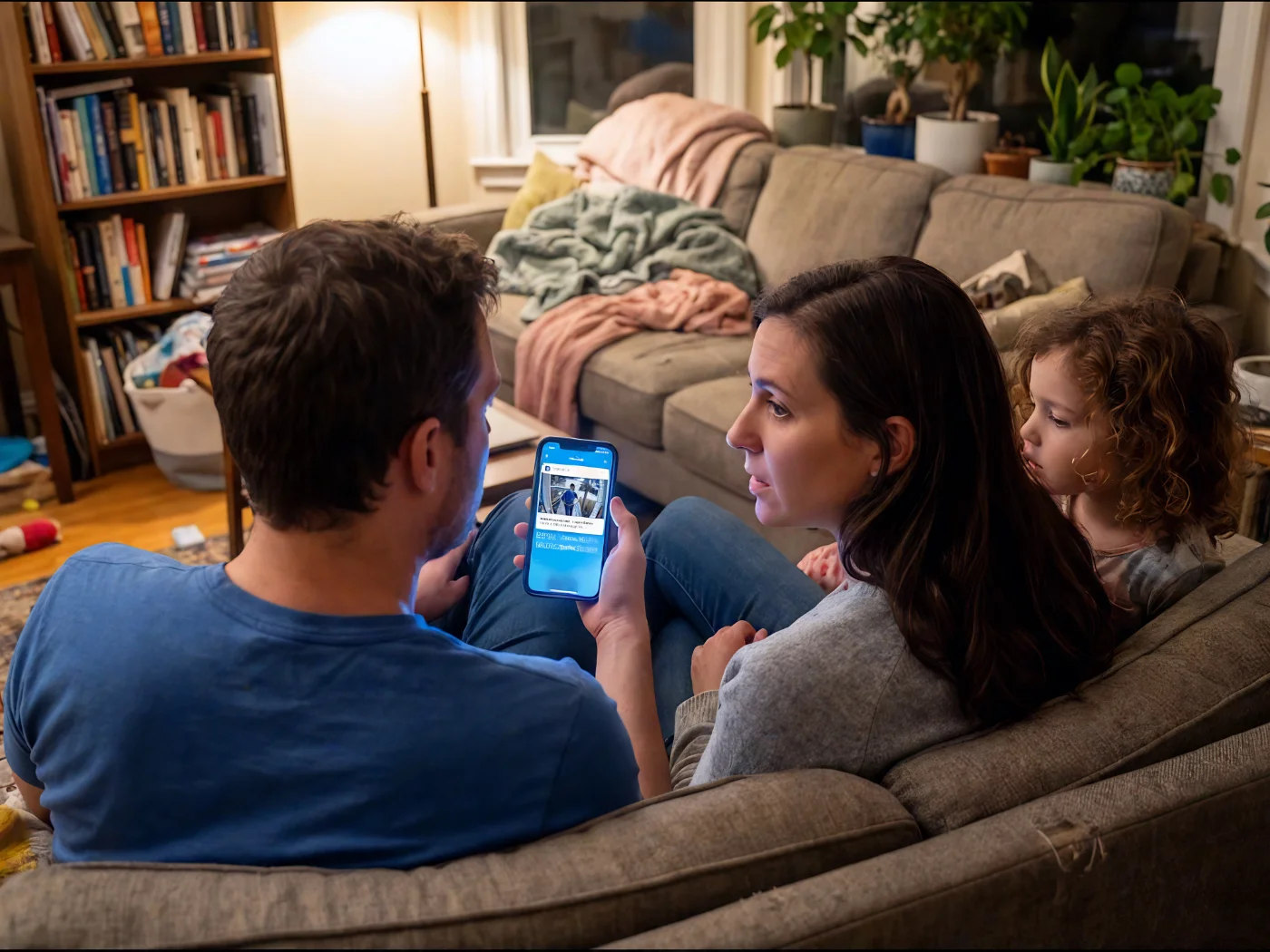 A family at home on the couch checking their security camera feed on a phone in the evening