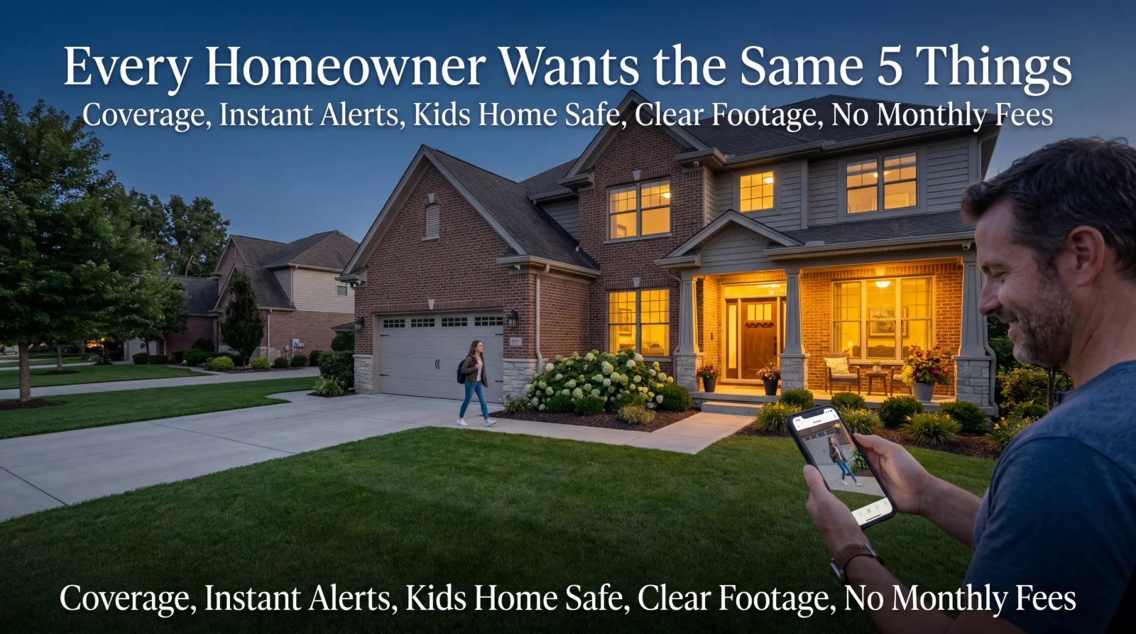 A Metro Detroit homeowner watching a live security camera alert on his phone as a family member walks up the driveway at dusk