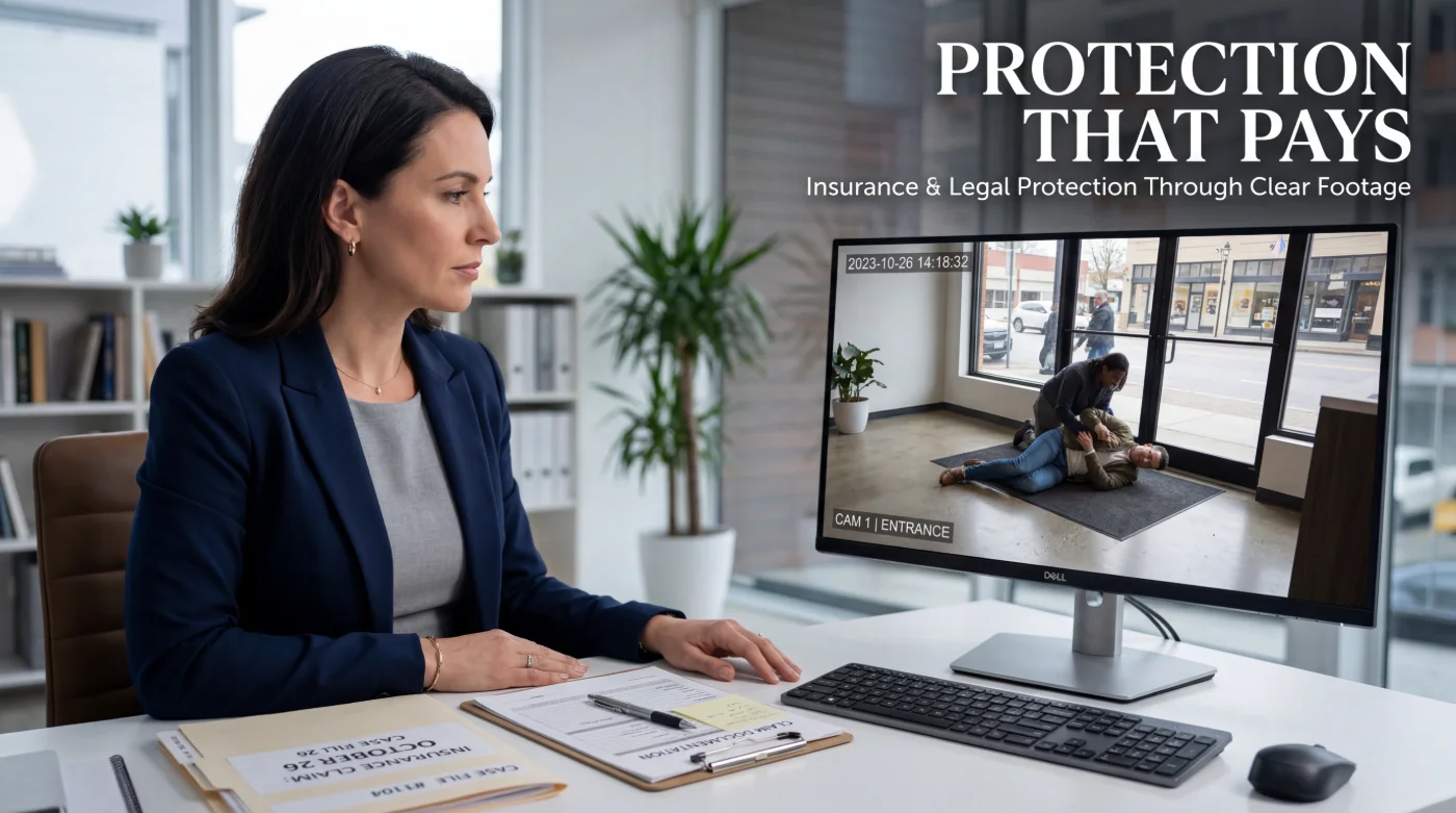 An insurance professional reviewing security camera footage of an incident on a monitor alongside a claim file — protection that pays through clear footage