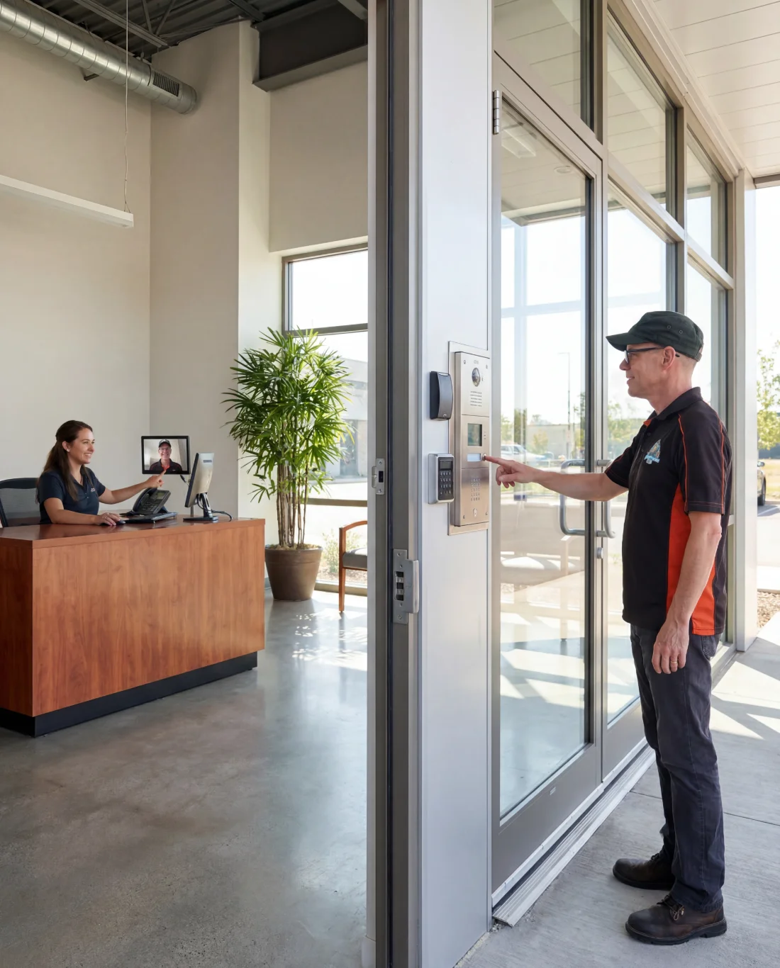 Intercom integrated with access control — Roland at a glass entry door with intercom and keypad while a receptionist screens a visitor on her monitor and grants access