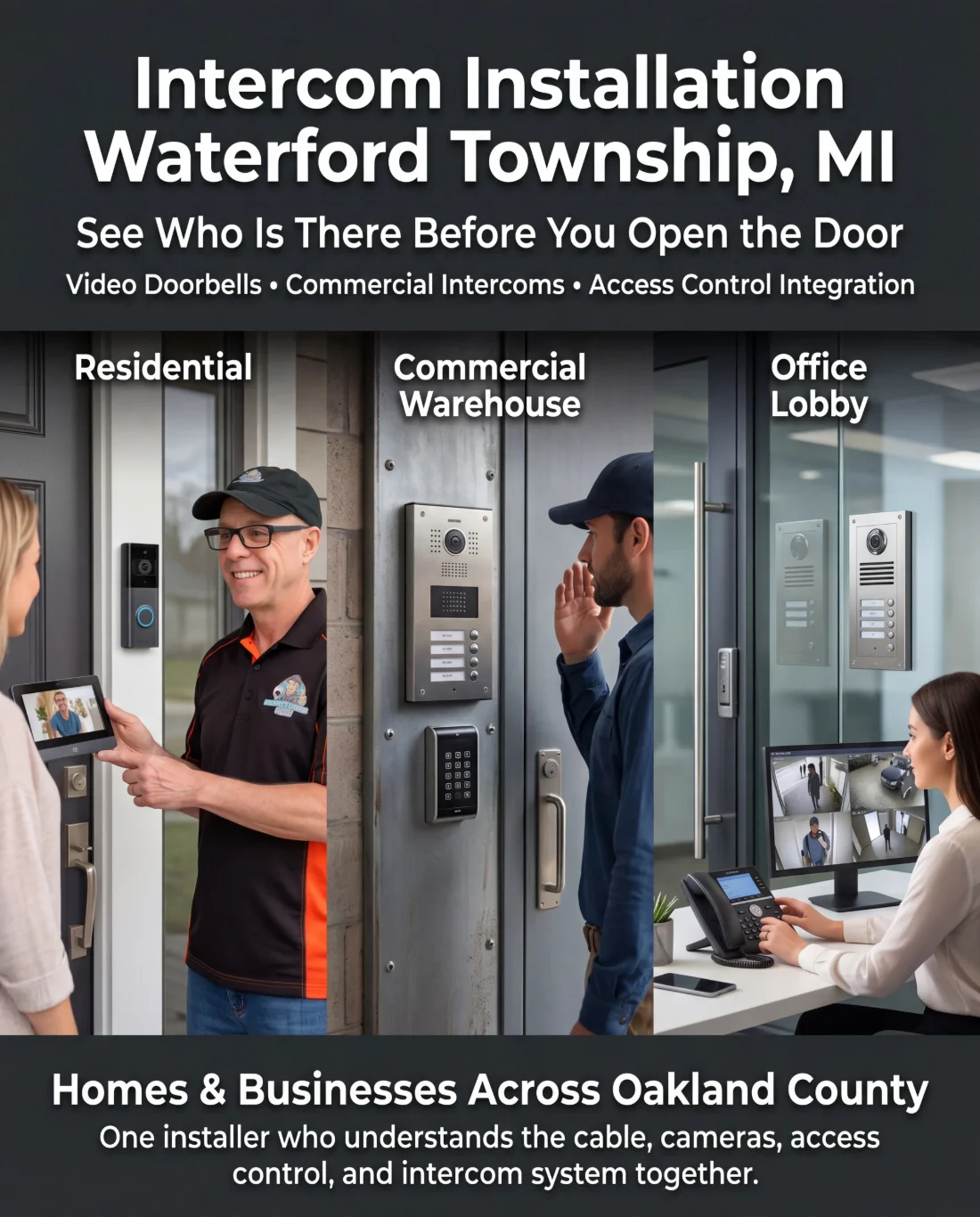 Intercom installation across residential video doorbells, commercial warehouse entry, and office lobby — Waterford Township and Oakland County, MI