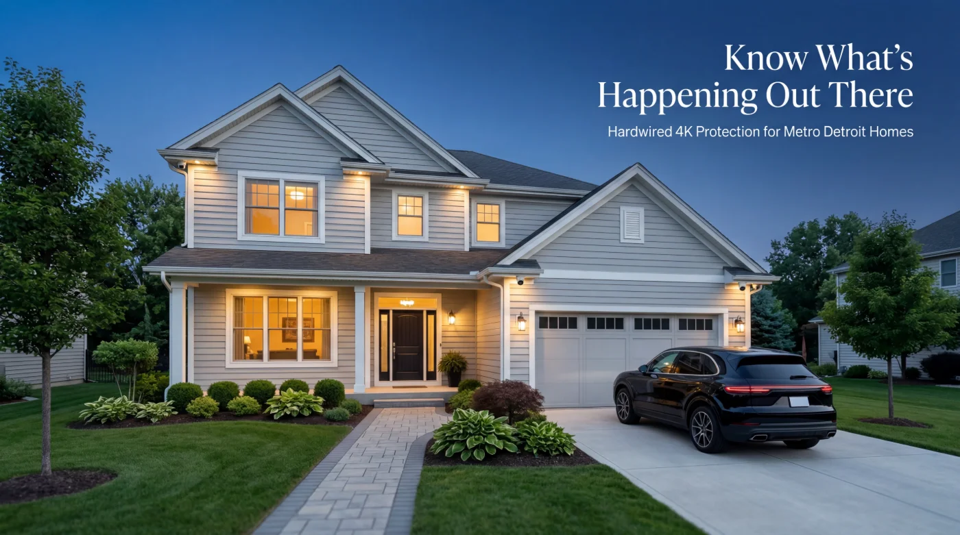A Metro Detroit two-story home at dusk with warm lights on and security cameras under the eaves — hardwired 4K residential protection by Security Camera Guru