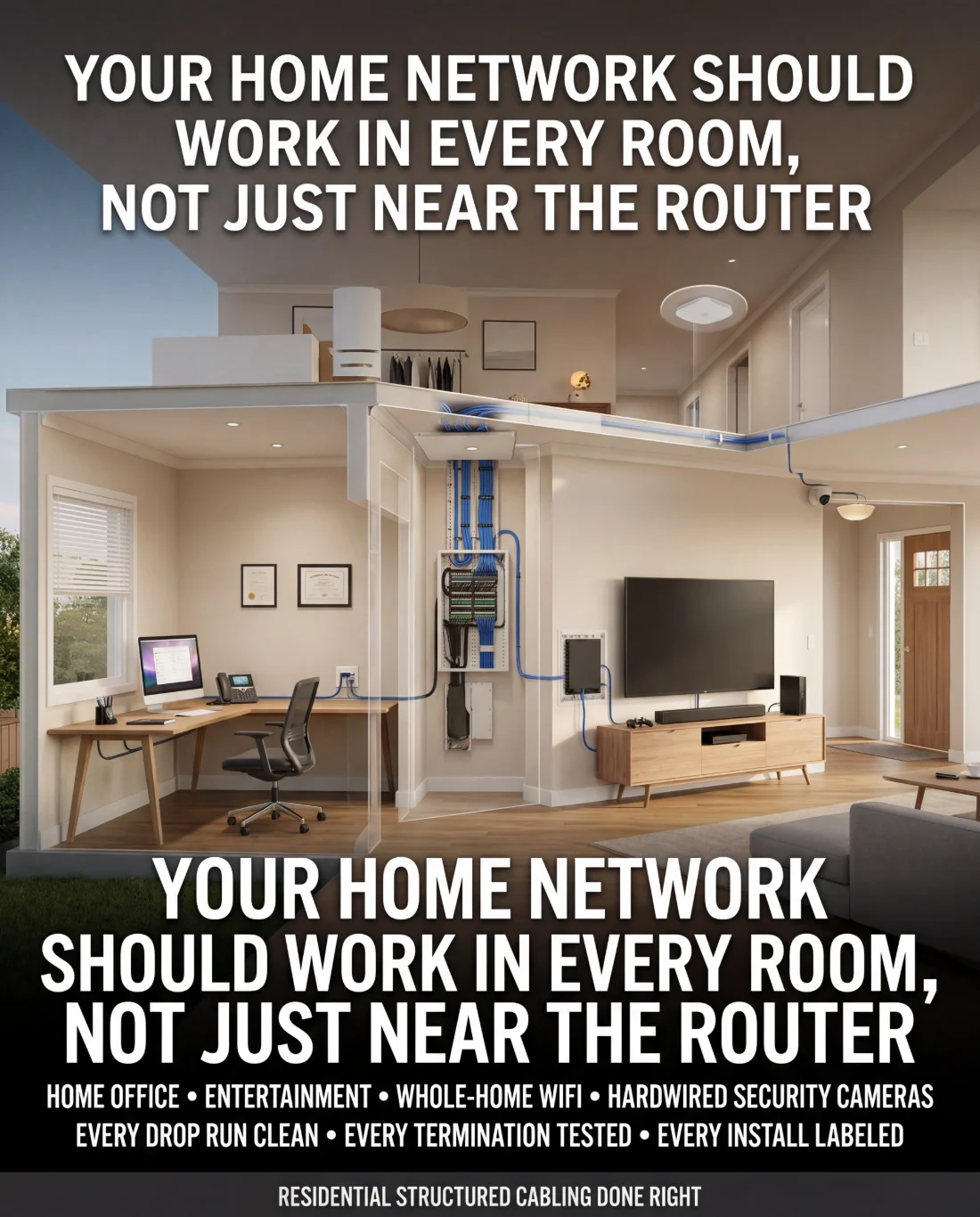 Residential structured cabling — home office, entertainment, whole-home WiFi, hardwired security cameras with every drop run clean, tested, and labeled