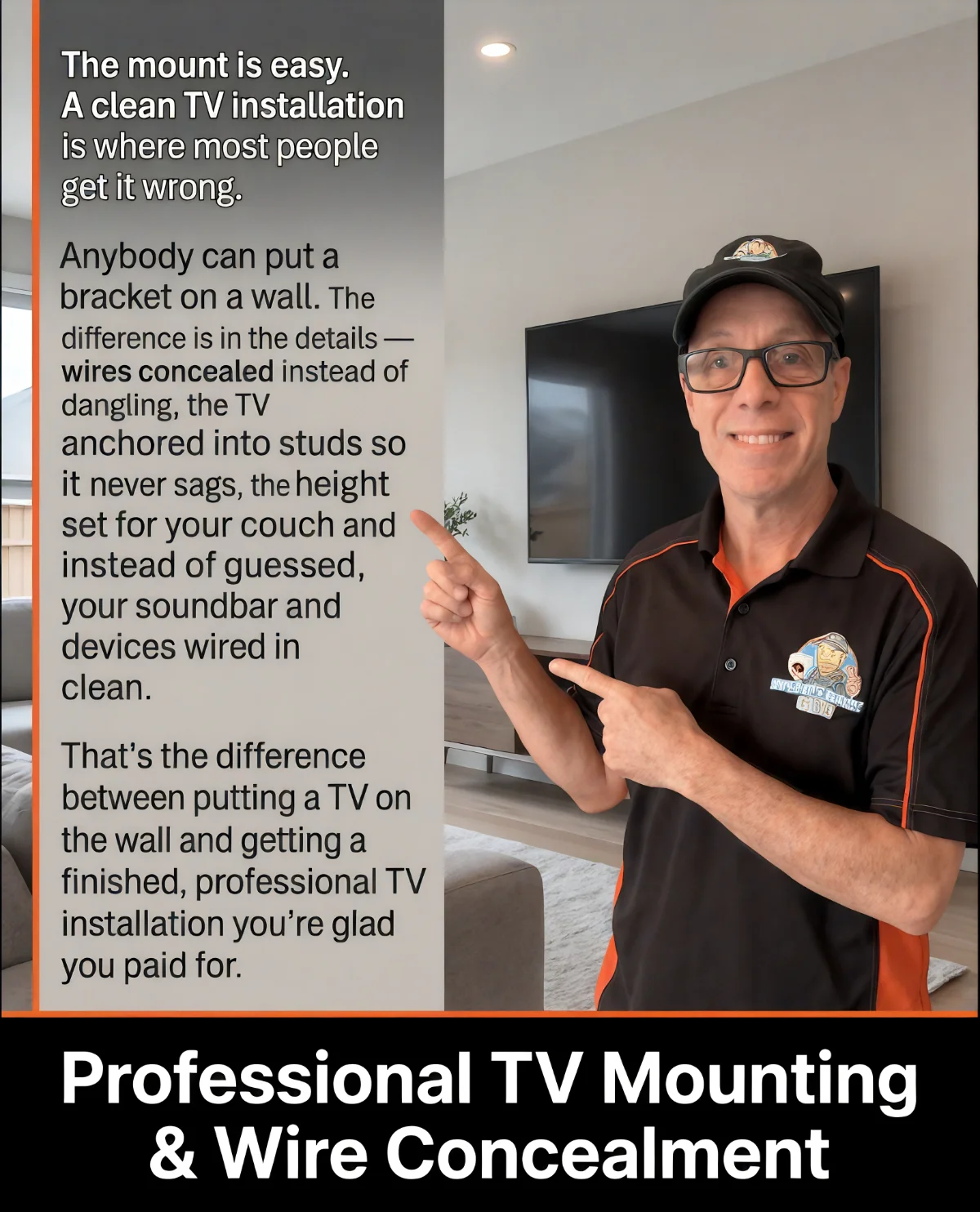 Roland from Security Camera Guru pointing to a cleanly mounted TV with concealed wires — professional TV mounting and wire concealment in Metro Detroit