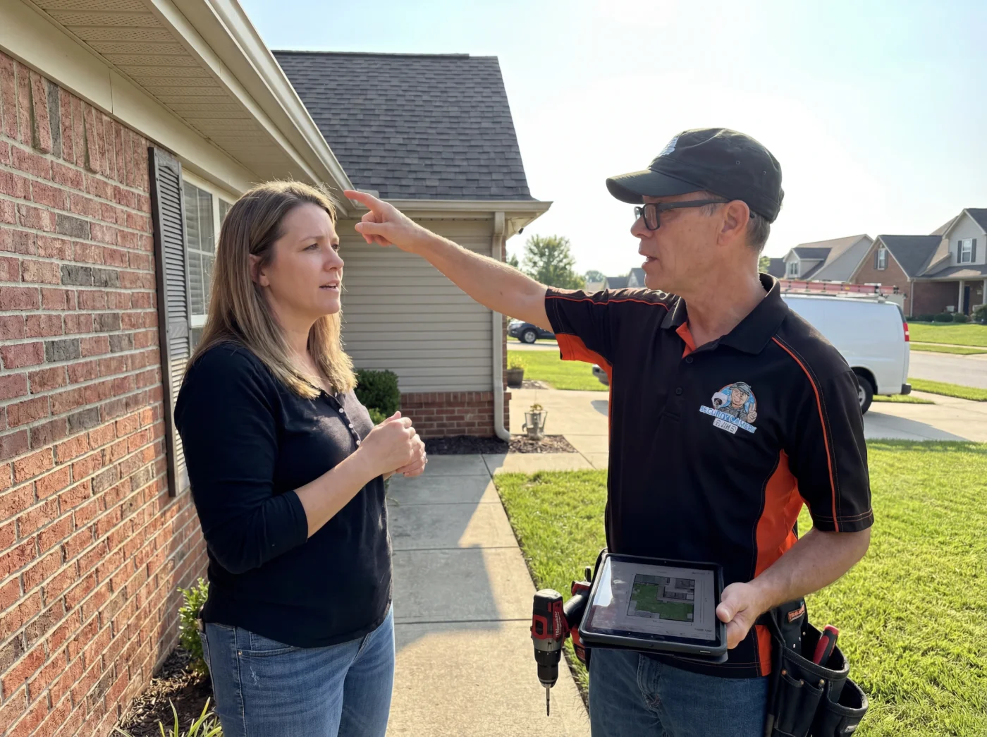 Roland from Security Camera Guru walking a Metro Detroit homeowner's property and pointing out the best camera placement during the on-site property walk