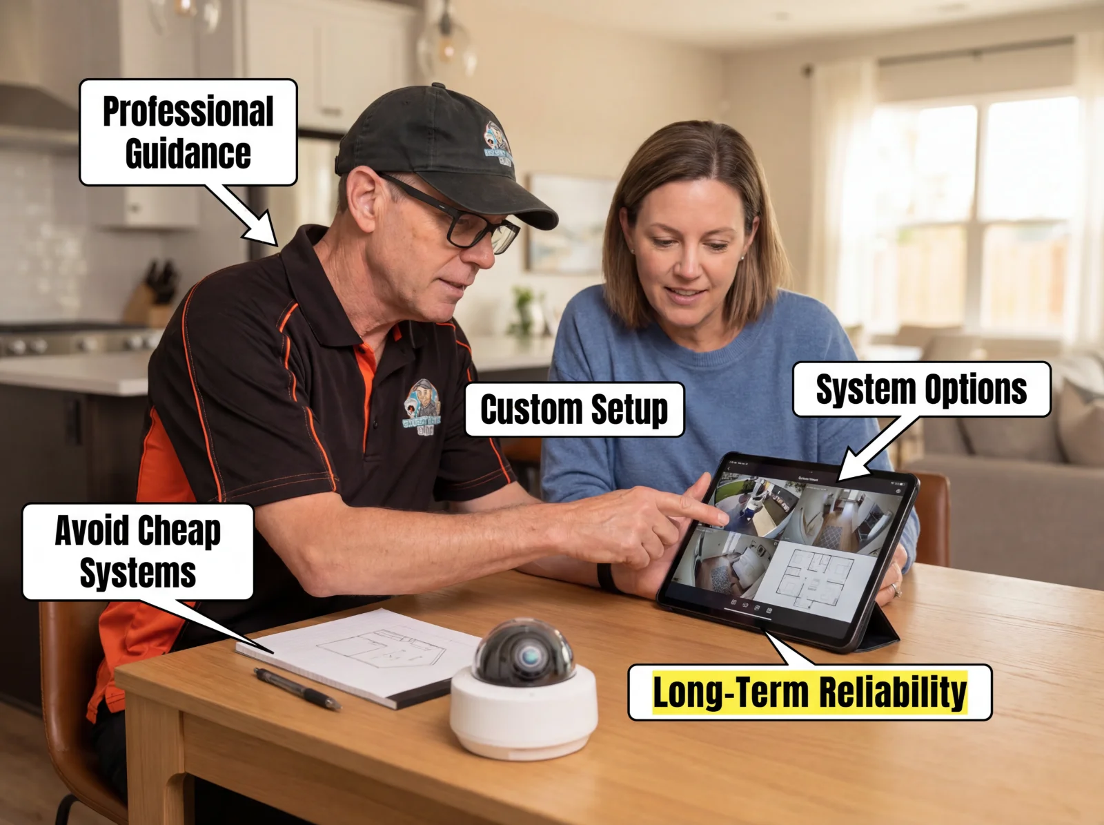 Roland from Security Camera Guru sitting with a homeowner reviewing camera system options and a floor plan on a tablet during an in-home consultation