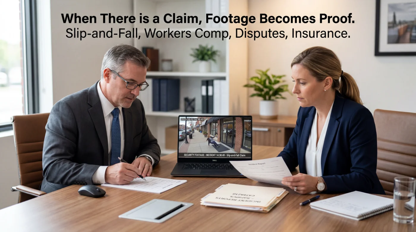 A claims adjuster and attorney reviewing security footage of a slip-and-fall incident as documented proof for an insurance claim