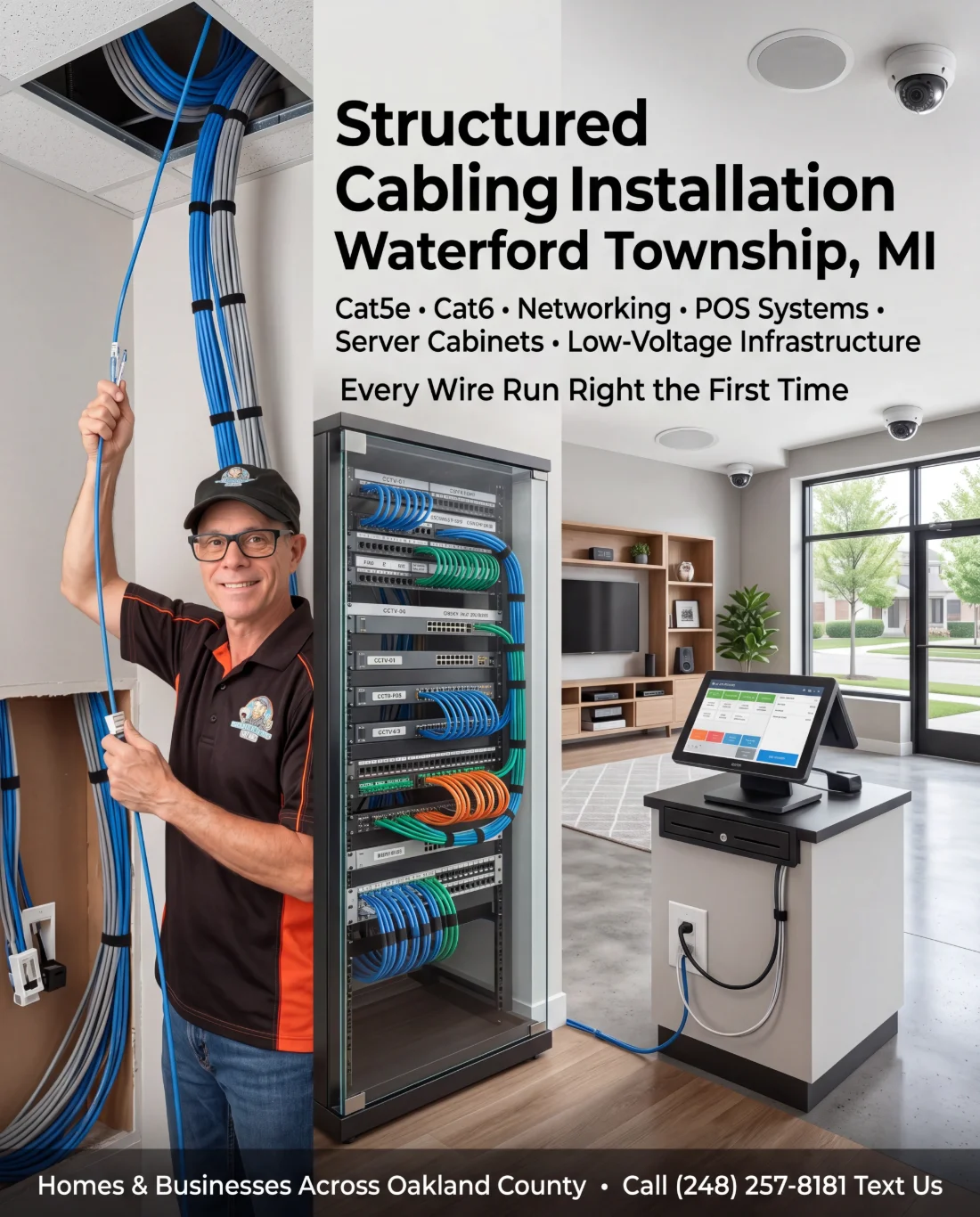 Structured cabling installation across homes and businesses — Cat5e and Cat6 in ceiling, server cabinet with patch panels, POS systems, and low-voltage infrastructure