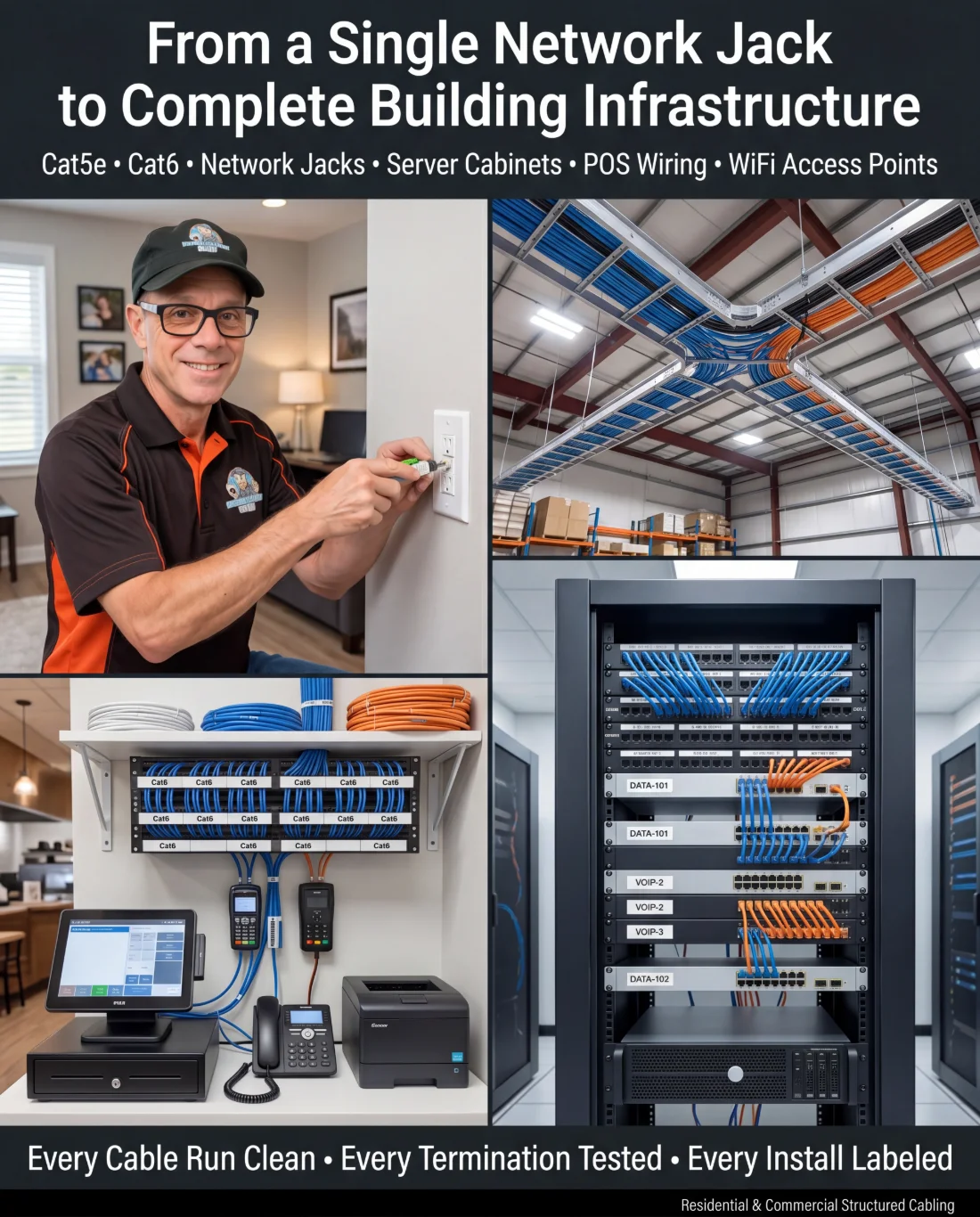Structured cabling — from a single network jack to complete building infrastructure including ceiling cable trays, server cabinet, POS wiring, and network drops