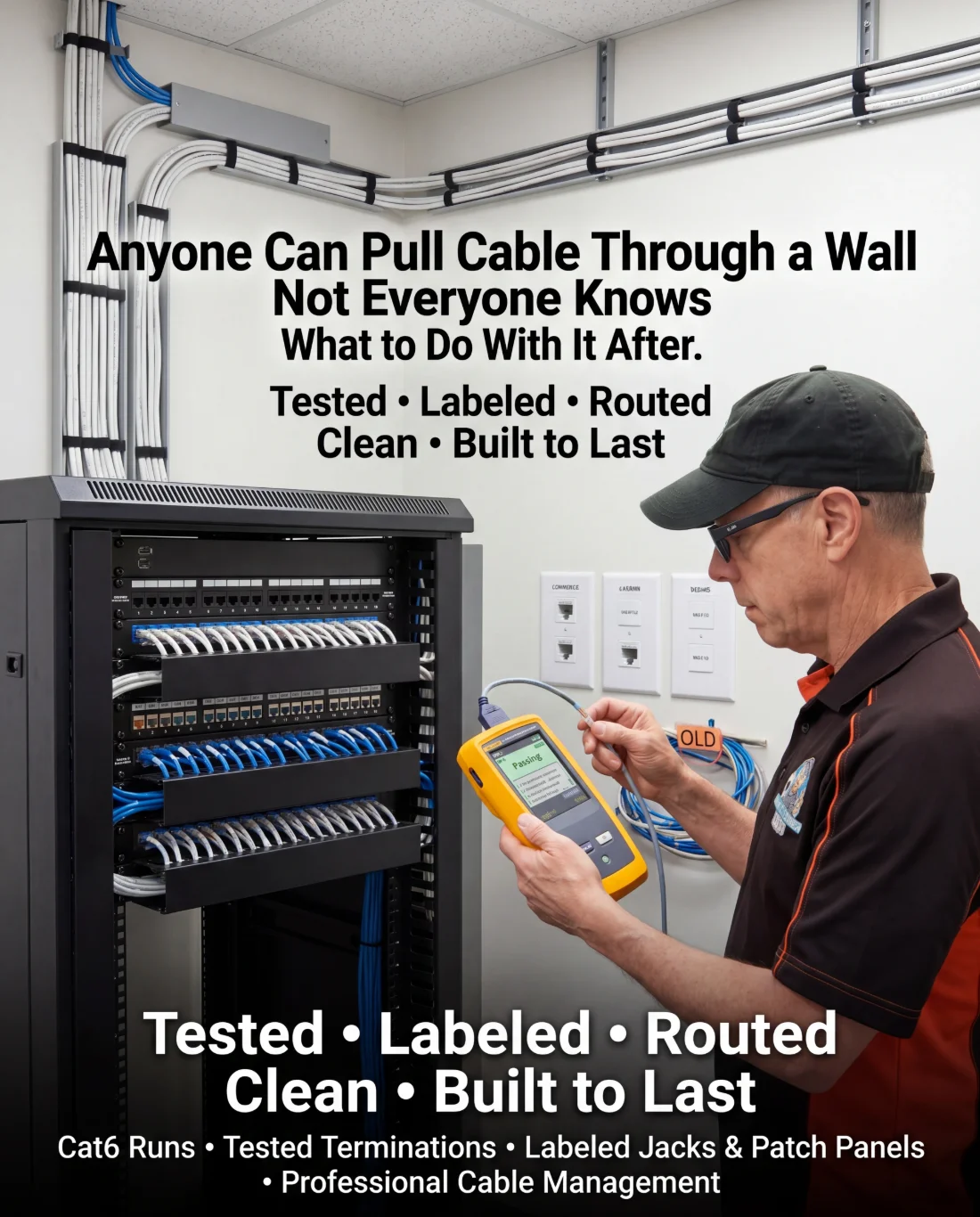 Roland testing structured cabling terminations at a server rack — Cat6 runs, tested terminations, labeled jacks and patch panels, professional cable management