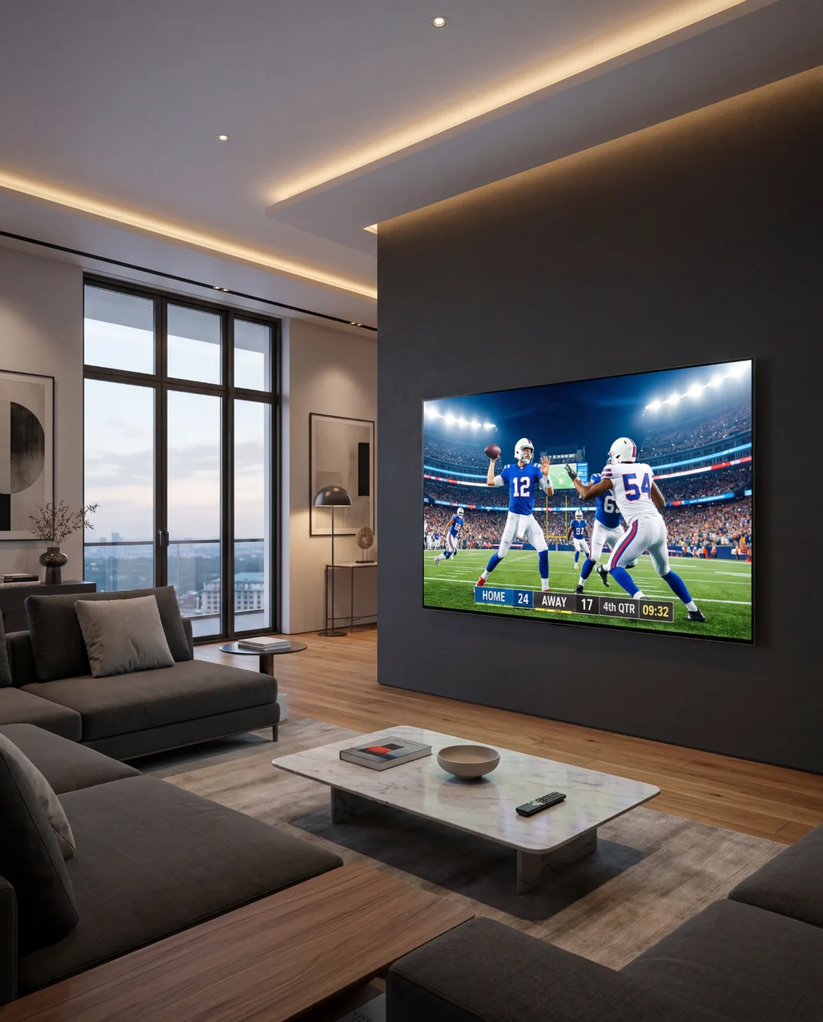 A large TV professionally mounted flat on a slate accent wall in a modern Metro Detroit living room showing a football game with all wires hidden — no cords showing
